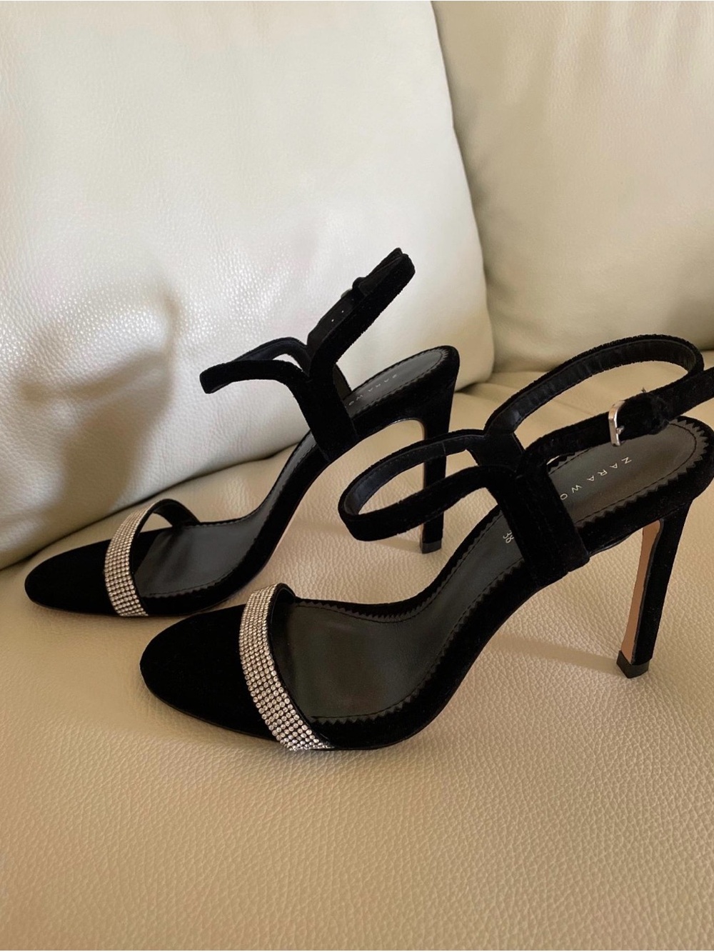 Zara Black Suede Slingback Heels with Crystal Toe Strap size 38
